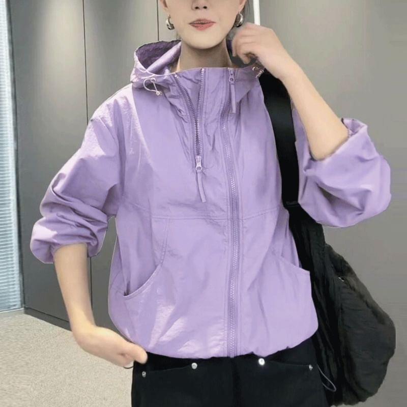 Plain Drawstring Hooded Zip Windbreaker Product Image