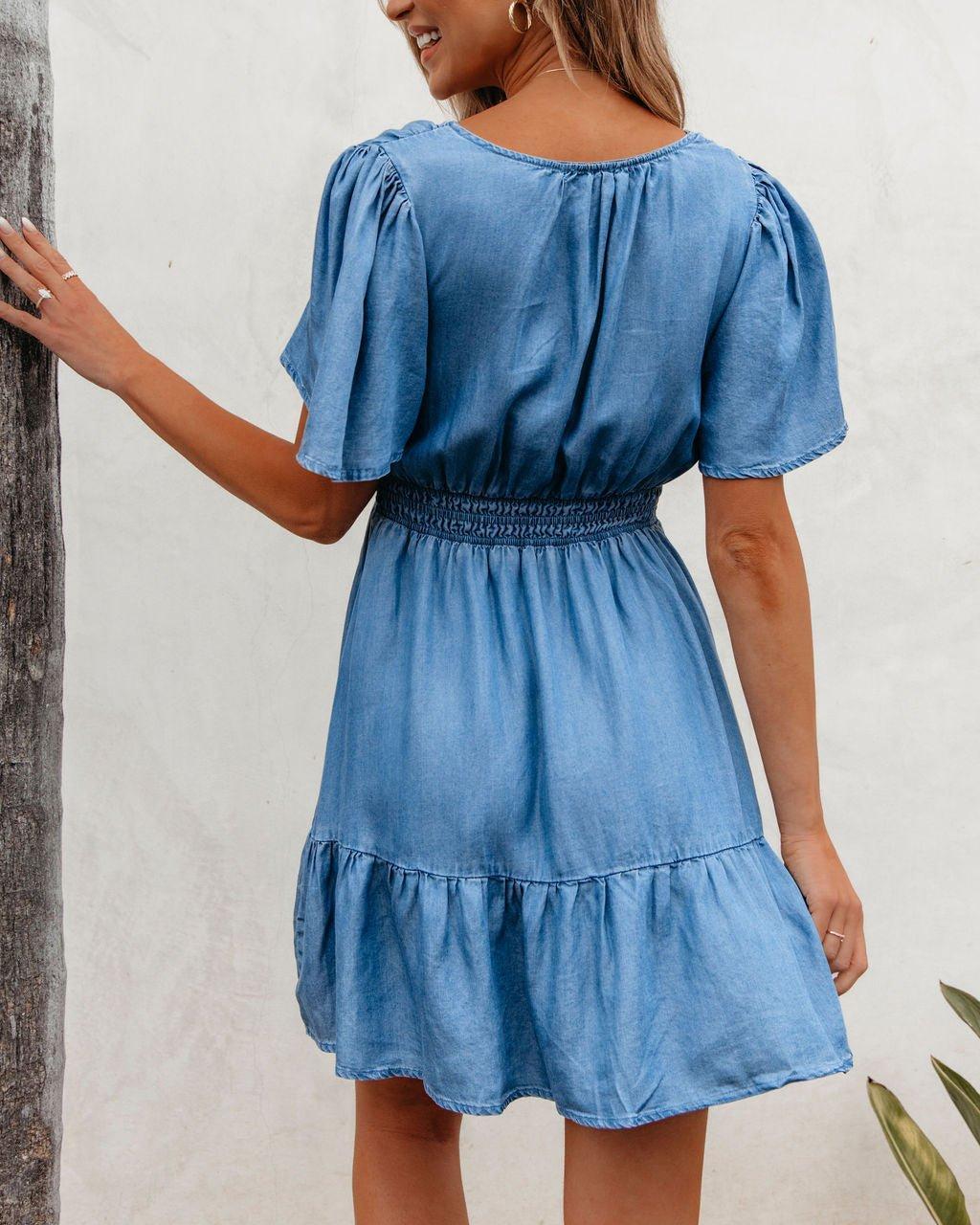 Chambray Split Neck Smocked Mini Dress - DOORBUSTER Product Image
