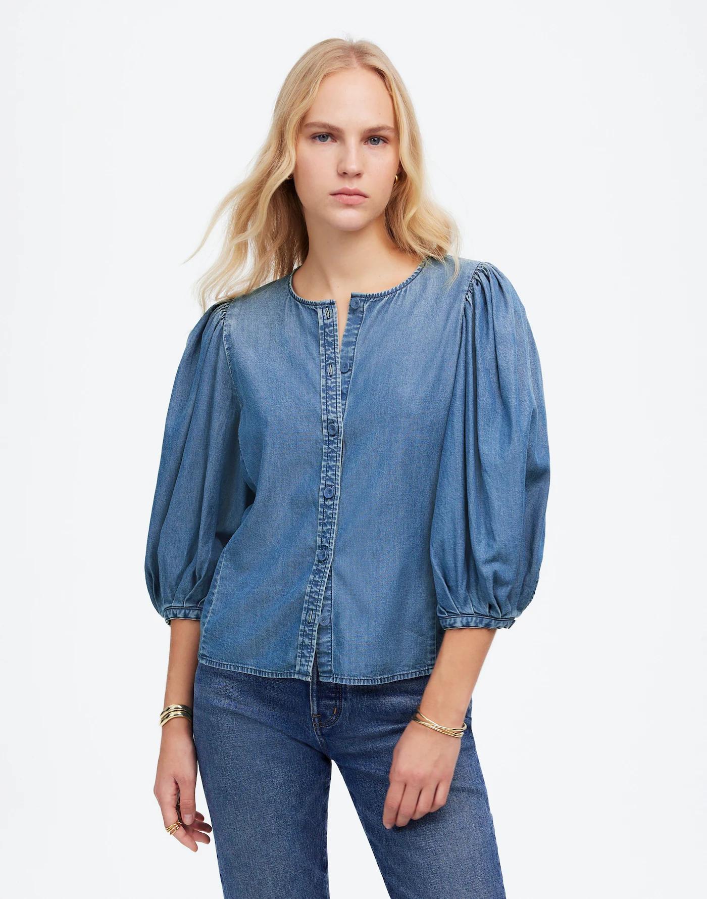 Denim Puff-Sleeve Button-Up Top Product Image