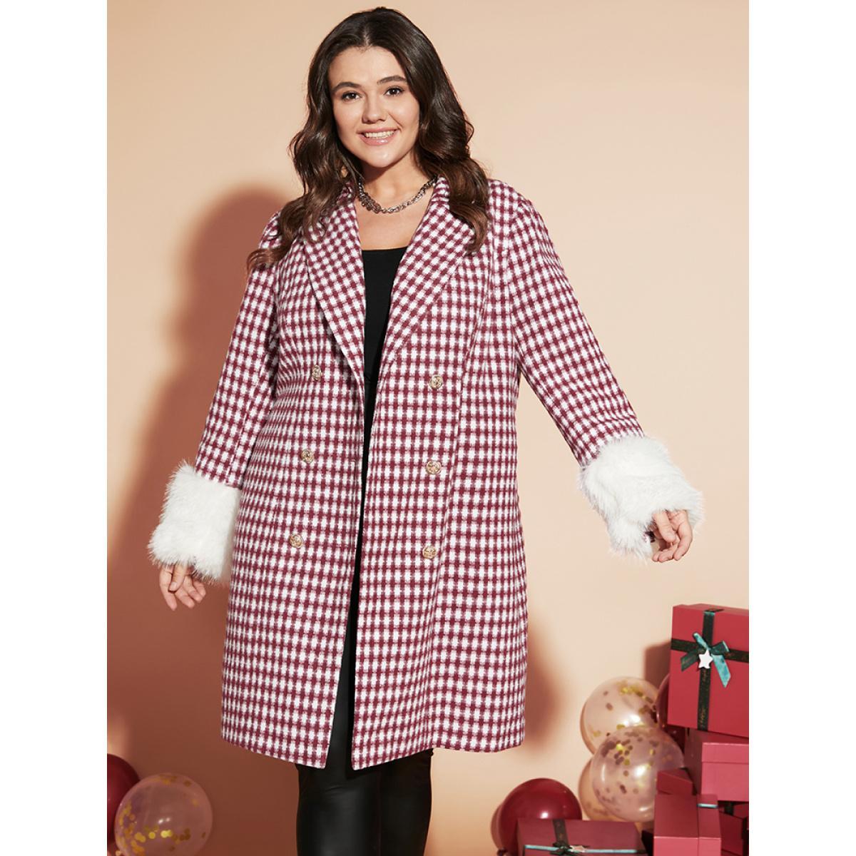Plus Size Gingham Fuzzy Trim Button Front Blazer Scarlet Women Dailywear Gingham Button Sleeve Long Sleeve Suit Collar 30/6X Elegant Blazers BloomChic Product Image