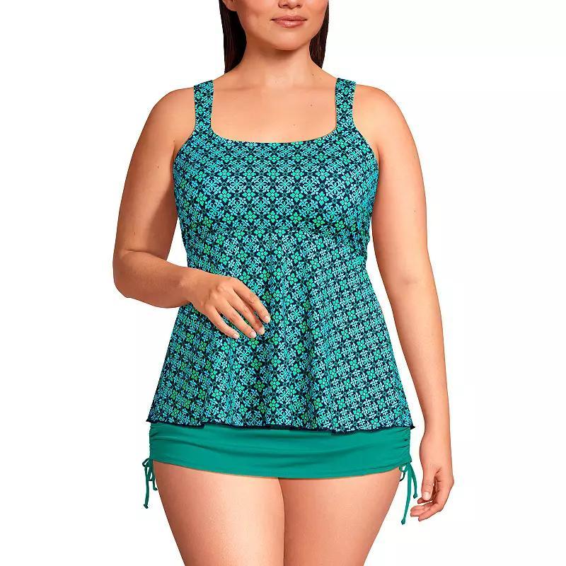 Plus Size Lands End Flutter Empire Waist Comfort Strap Tankini Swimsuit Top, Womens Navy Green Paisley Product Image