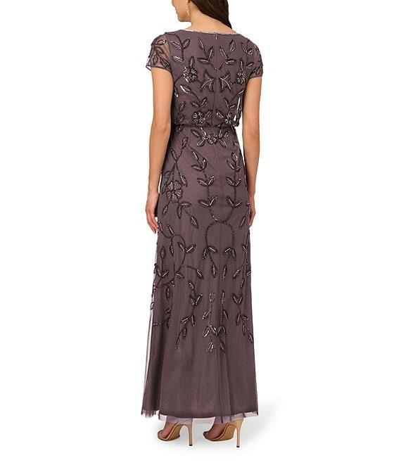 Adrianna Papell Beaded Mesh Boat Neck Short Sleeve Blouson Dress Product Image