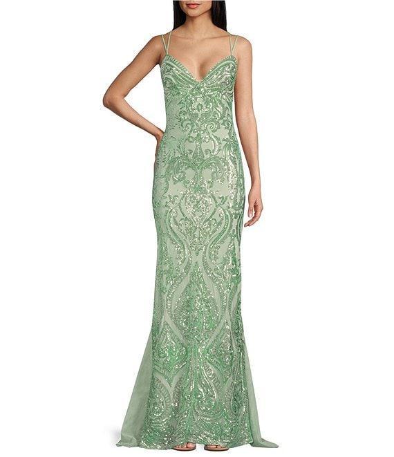 B. Darlin Double Spaghetti Strap V-Neck Lace-Up Back Sequin Dress Product Image