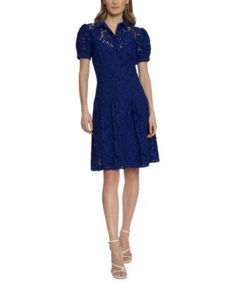 Maggy London Womens Floral-Lace Puff-Sleeve Shirtdress Product Image