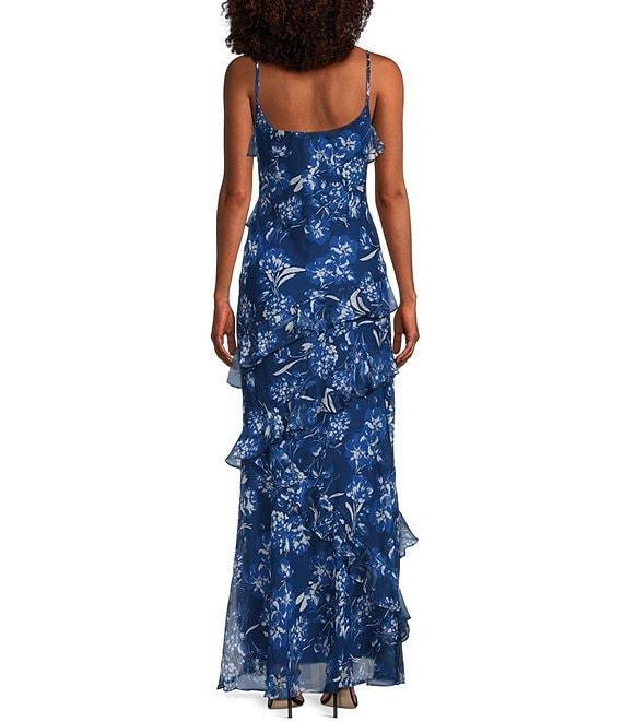 B. Darlin Floral Printed V-Neck Asymmetric Ruffle Maxi Dress Product Image