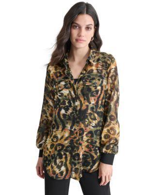 Dkny Womens Printed Chiffon Button-Front Blouse Product Image