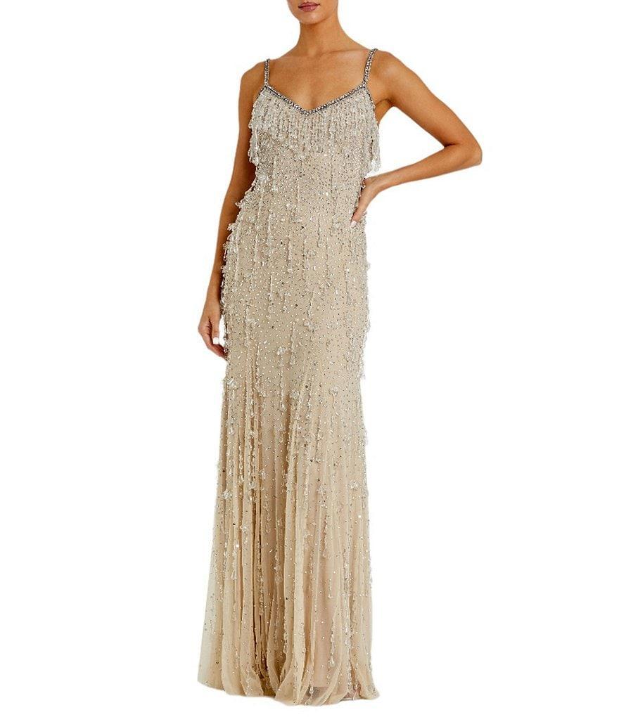 Mac Duggal Vneck Embellished Mesh Fringe Column Gown Product Image