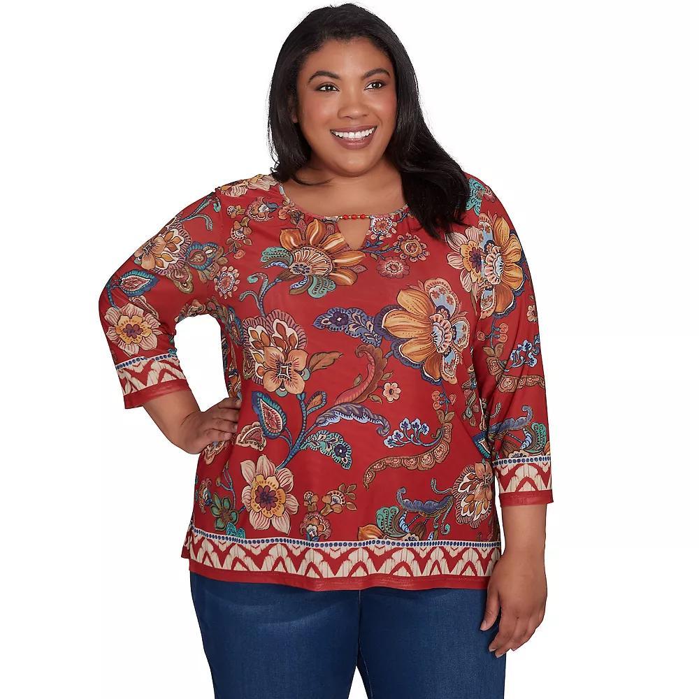 Plus Size Alfred Dunner Floral Border Mesh Split Neck Top, Women's, Size: 1XL Product Image