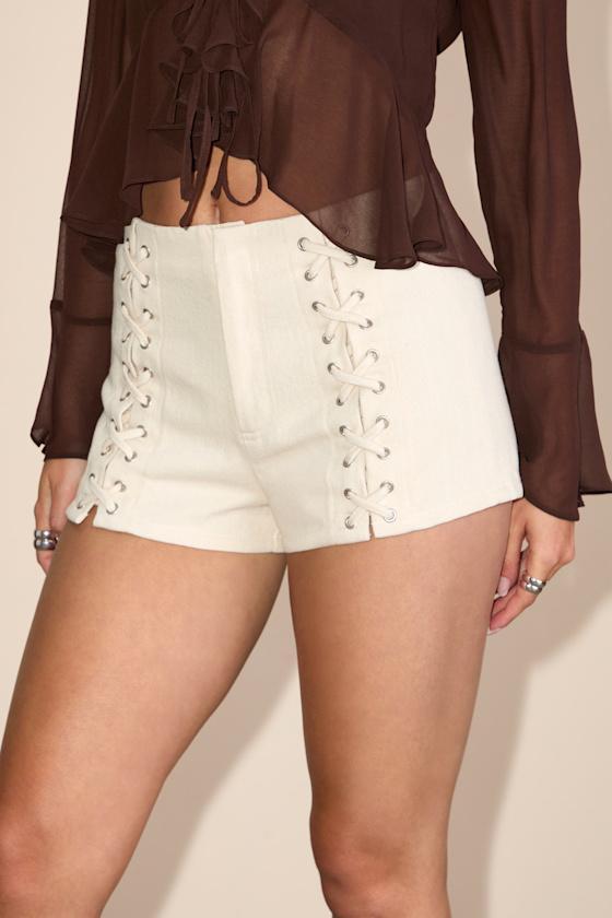 Nish Cream Lace-Up High-Waisted Shorts Product Image