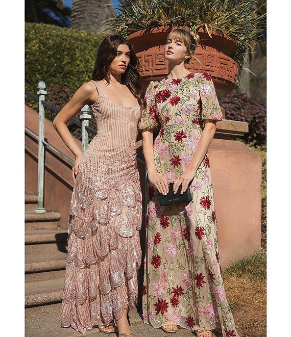 Mac Duggal Embellished Beaded Mesh Floral Crew Neck Short Sleeve Gown Product Image