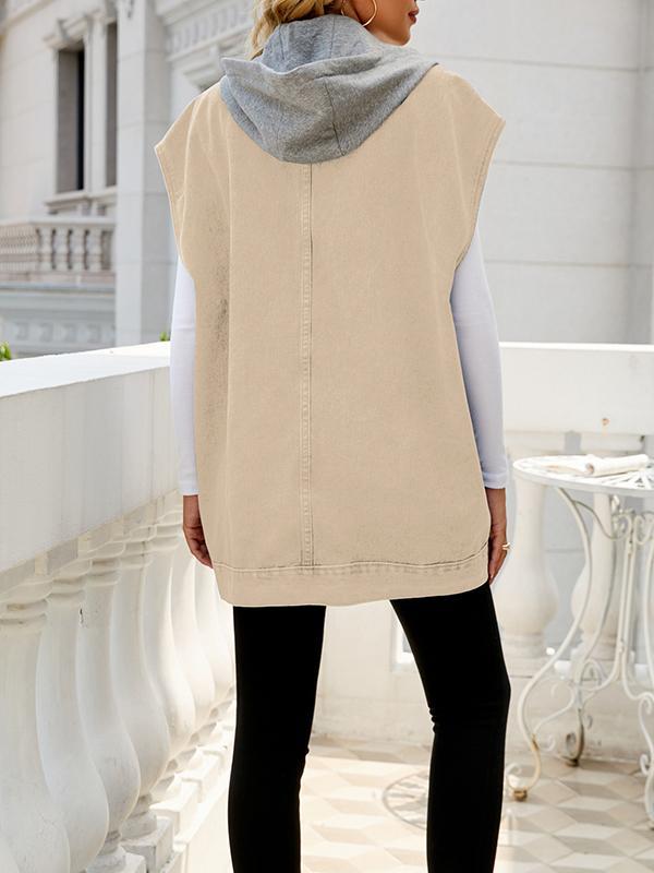Loose Sleeveless Buttoned Detachable Hooded Pockets Split-Joint Lapel Collar Vest Outerwear Product Image