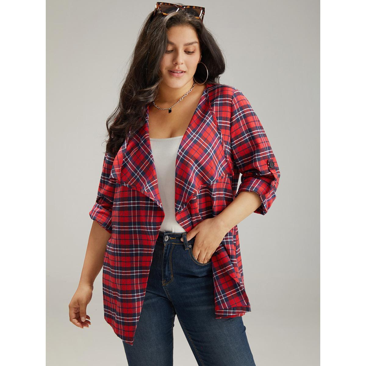 Plus Size Plaid Asymmetrical Hem Tab Sleeve Jacket Women Scarlet Button Dailywear Jackets BloomChic 28/5X Product Image