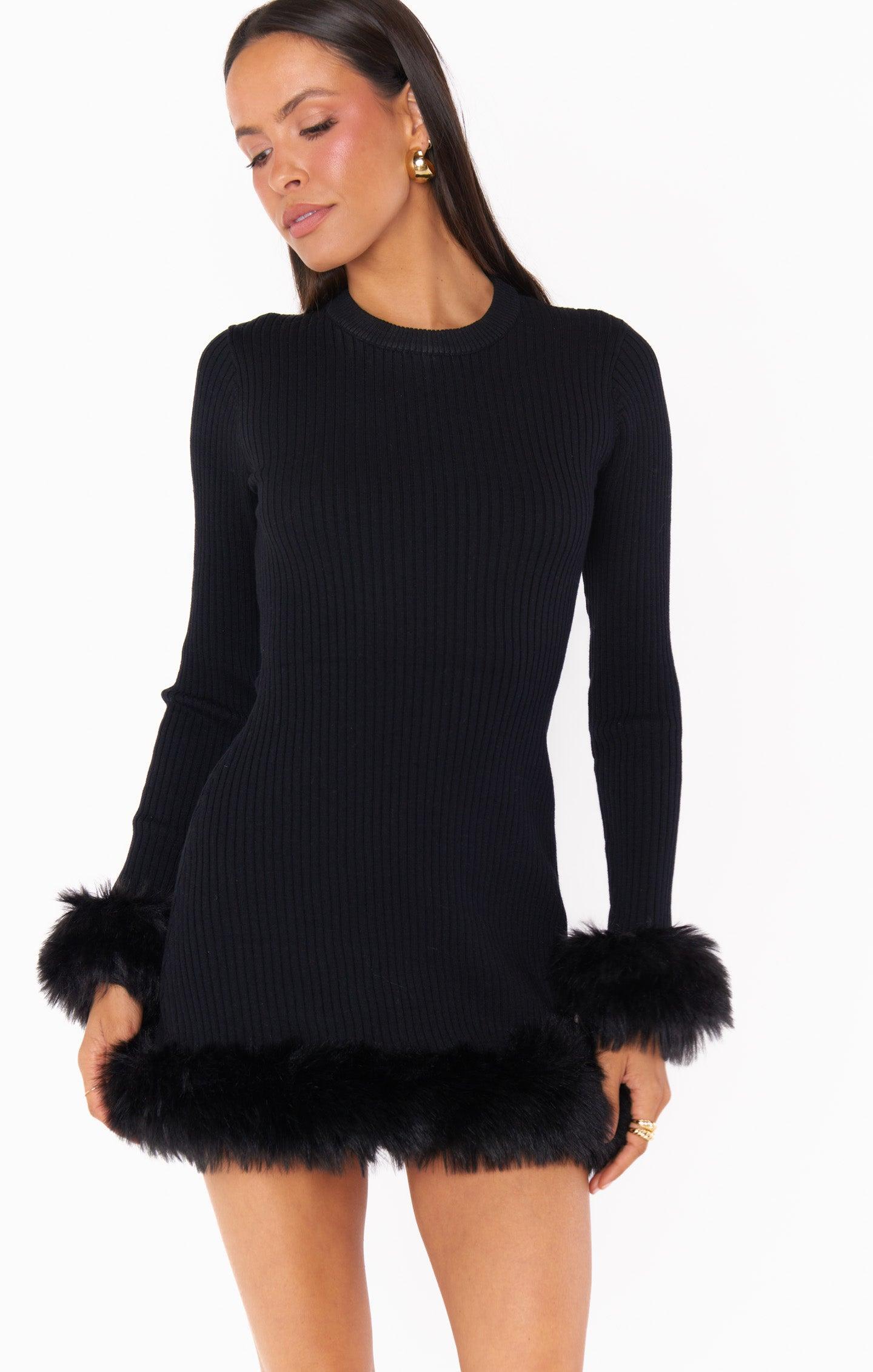 Fran Mini Dress ~ Black Knit with Faux Fur Product Image