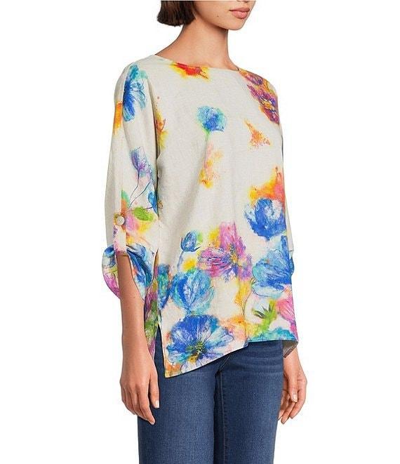 Ali Miles Linen Blend Multi Floral Round Neck High-Low Hem 3/4 Dolman Roll-Tab Sleeve Tunic Product Image