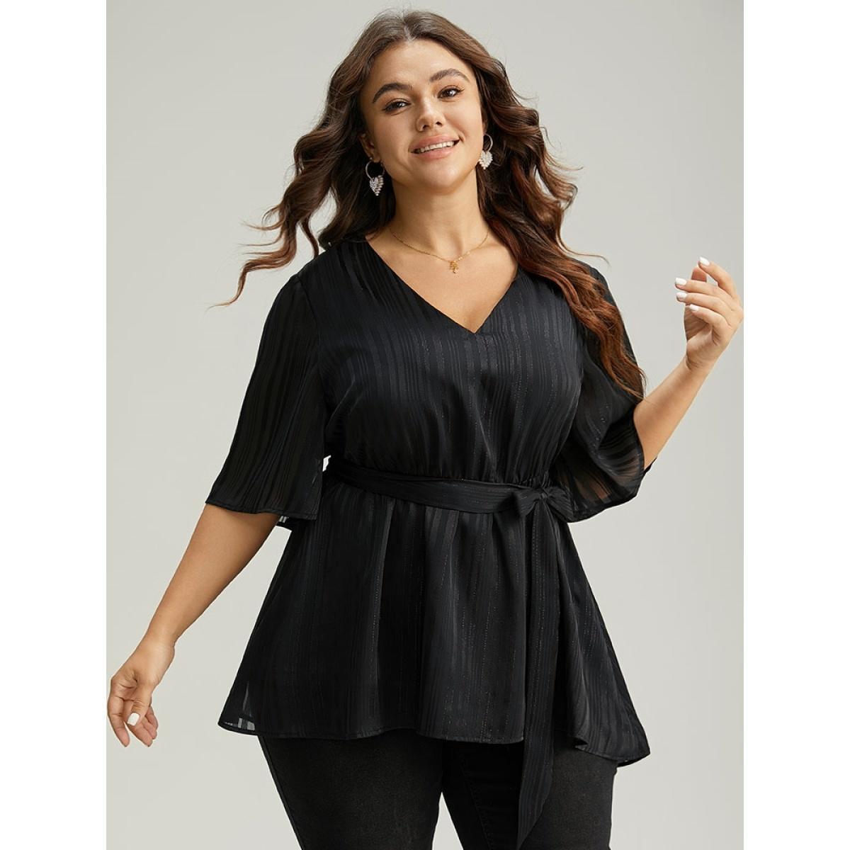 Plus Size Black Solid Chiffon Belted High Low Hem Blouse Women Elegant Half Sleeve V-neck Everyday Blouses BloomChic 18-20/2X Product Image