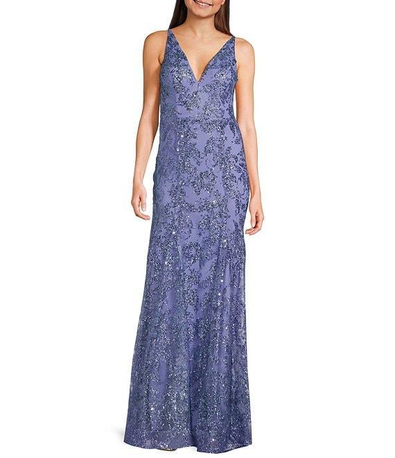 Blondie Nites Glitter Sequined Leaf Pattern V-Neck Sleeveless Tie Back Gown Product Image