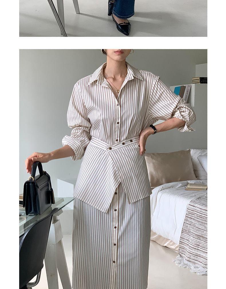 Set: Long-Sleeve Striped Midi Shirt Dress + Decorative Hem Product Image