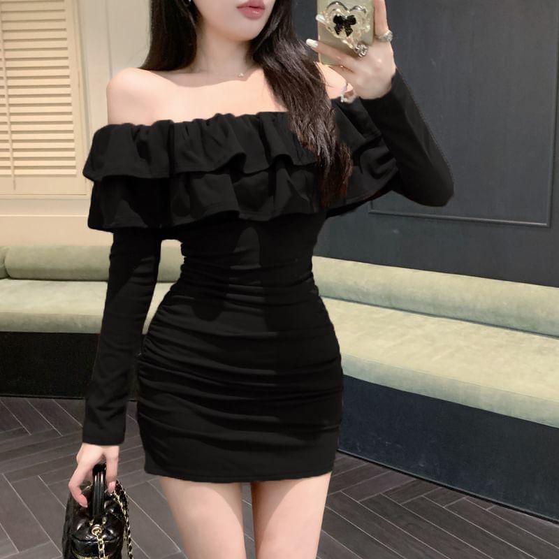 Long Sleeve Off Shoulder Plain Ruffle Ruched Mini Sheath Dress Product Image