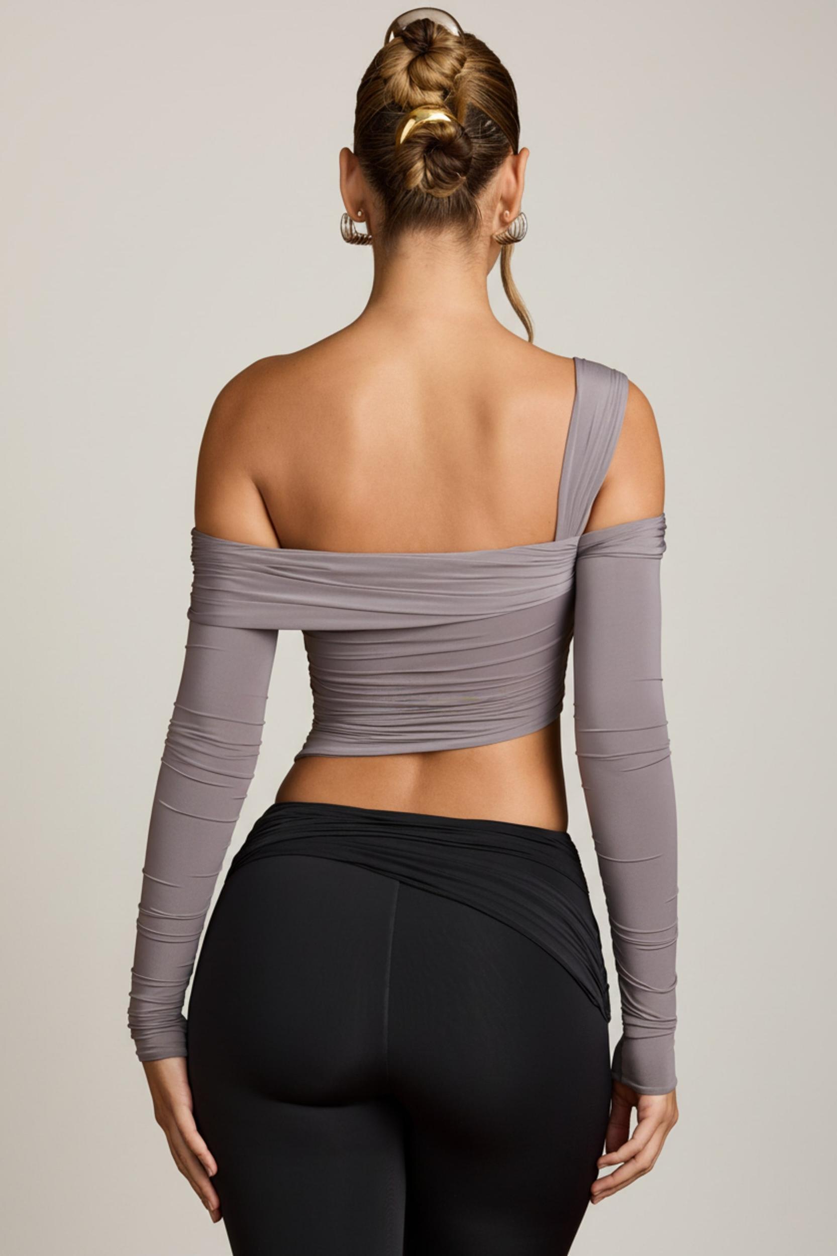 Asymmetric Off-Shoulder Draped Top in Steel Grey Product Image