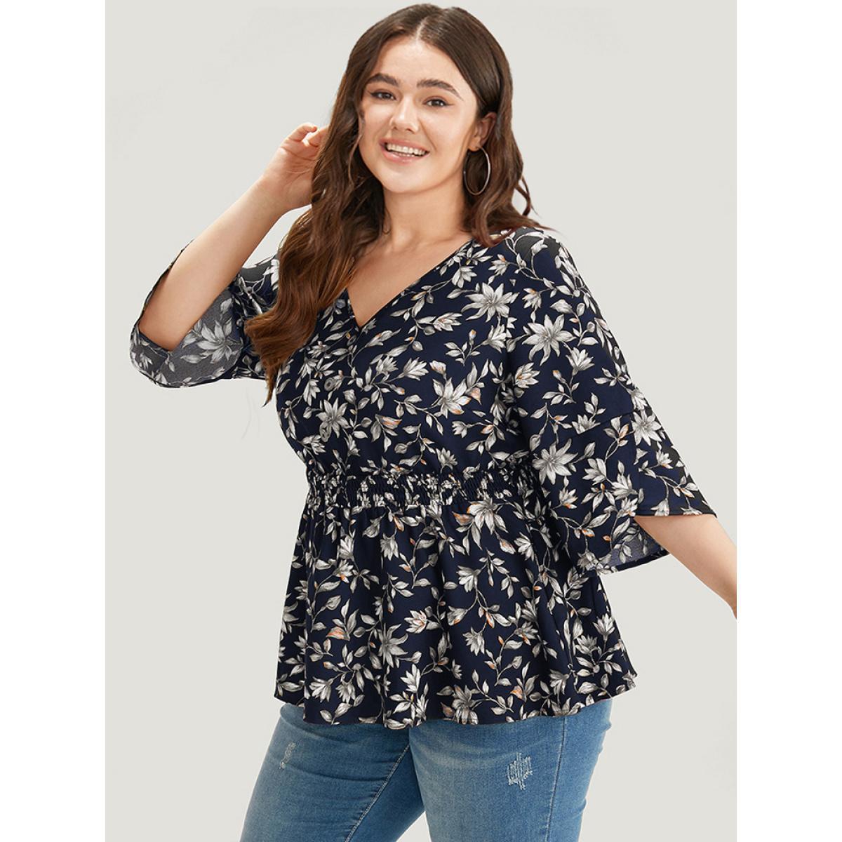 Plus Size Indigo Floral Print Shirred Button Detail V Neck Petal Sleeve Blouse Women Vacation Half Sleeve V-neck Dailywear Blouses BloomChic 26/4X Product Image