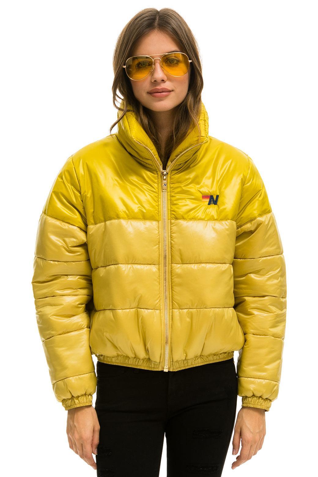 COLOR BLOCK HALF AND HALF APRES PUFFER JACKET - HONEY GLOSSY Female Product Image