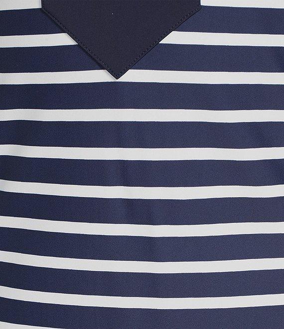 Jude Connally Kristen Striped Print Jude Cloth Stretch Knit Wrinkle-Free Split V-Neck Sleeveless A-Line Midi Dress Product Image