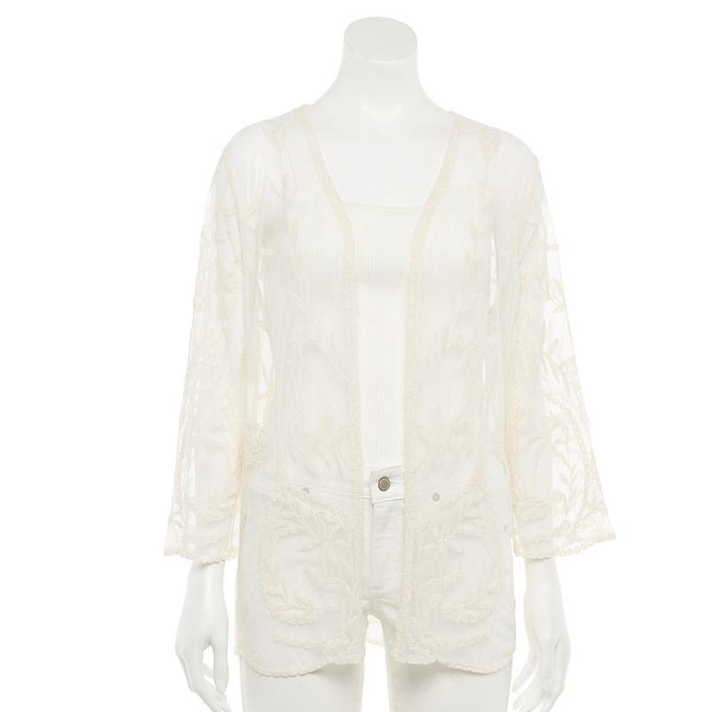 Womens Nina Leonard Floral Embroidered Mesh Long Bolero Product Image