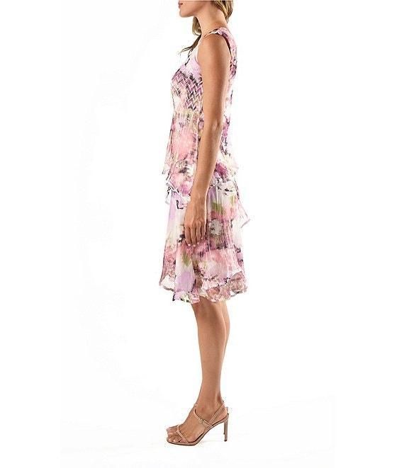 Komarov V-Neck Sleeveless Abstract Floral Tiered Mixed Media Shift Dress Product Image