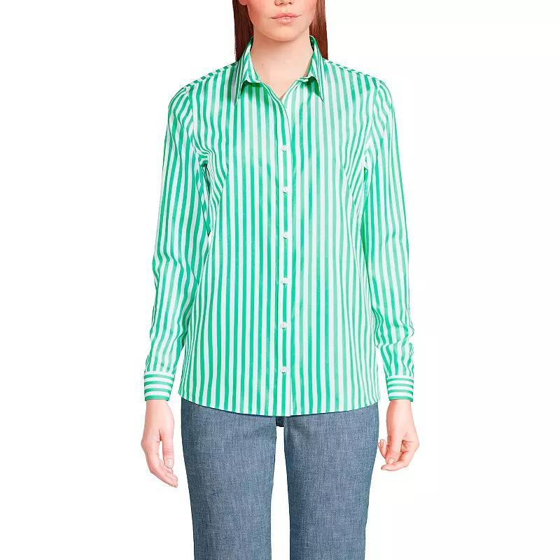 Petite Lands End No Iron Supima Cotton Long Sleeve Shirt, Womens Green Wide Stripe Product Image