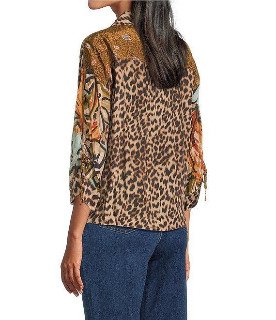 John Mark Mixed Animal And Floral Print Ditsy Point Collar Dolman Cinched Sleeve Button Front Tie Blouse Product Image