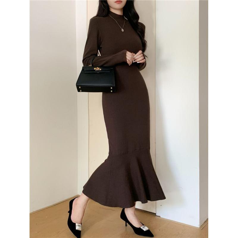 Long-Sleeve Mock Neck Plain Knit Maxi Mermaid Dress Product Image