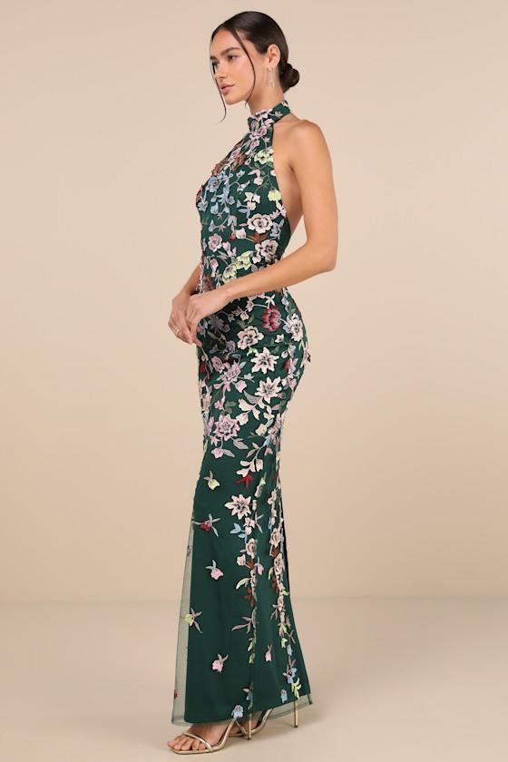 Infinite Praise Emerald 3D Floral Embroidered Halter Maxi Dress Product Image