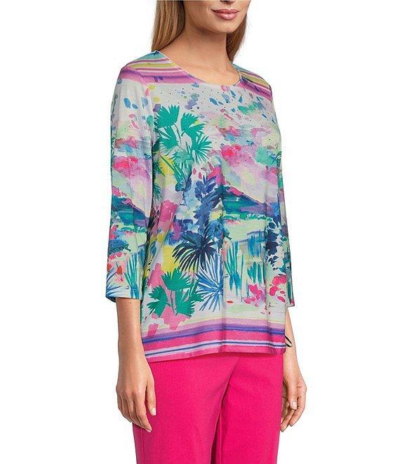 Allison Daley Embellished Watercolor Tropics Print 3/4 Sleeve Crew Neck Ruched Side Tie Hem Knit Top Product Image