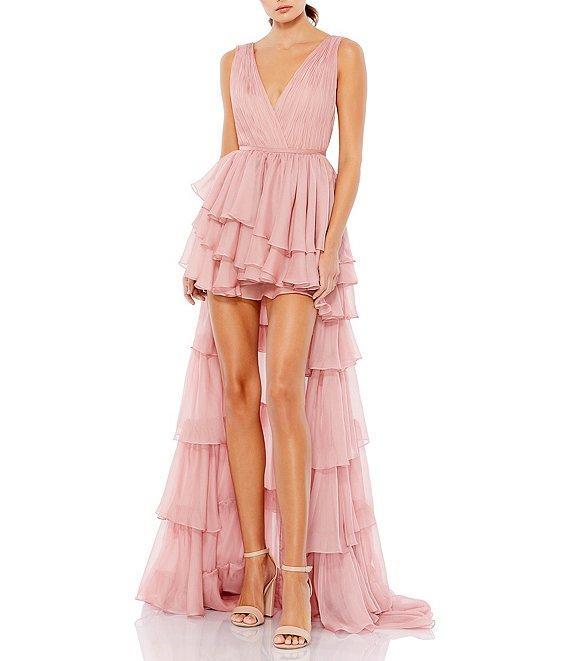 Mac Duggal Double V Neck Built in Bodysuit Hi Low Tiered Gown Product Image