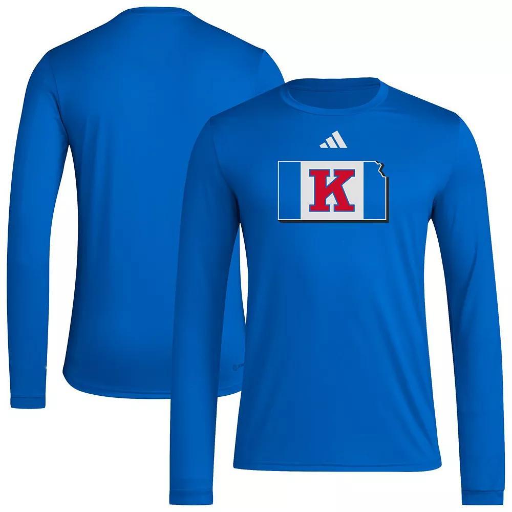 Men's adidas Royal Kansas Jayhawks Basketball State Outline Pre-Game Long Sleeve T-Shirt, Size: Medium, Blue Product Image