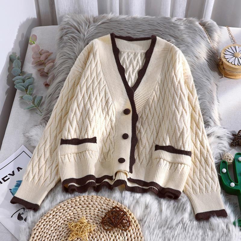 V-Neck Plain Contrast Trim Cardigan Product Image