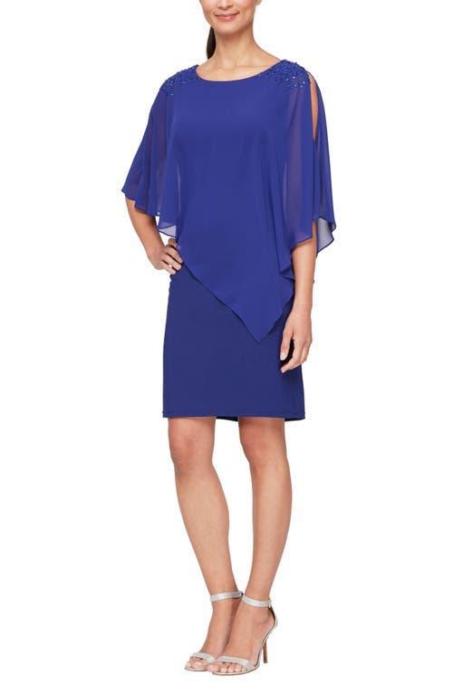 Ignite Evenings Chiffon Asymmetric Overlay 34 Sleeve Beaded Shoulder Detail Round Neck Sheath Dress Product Image