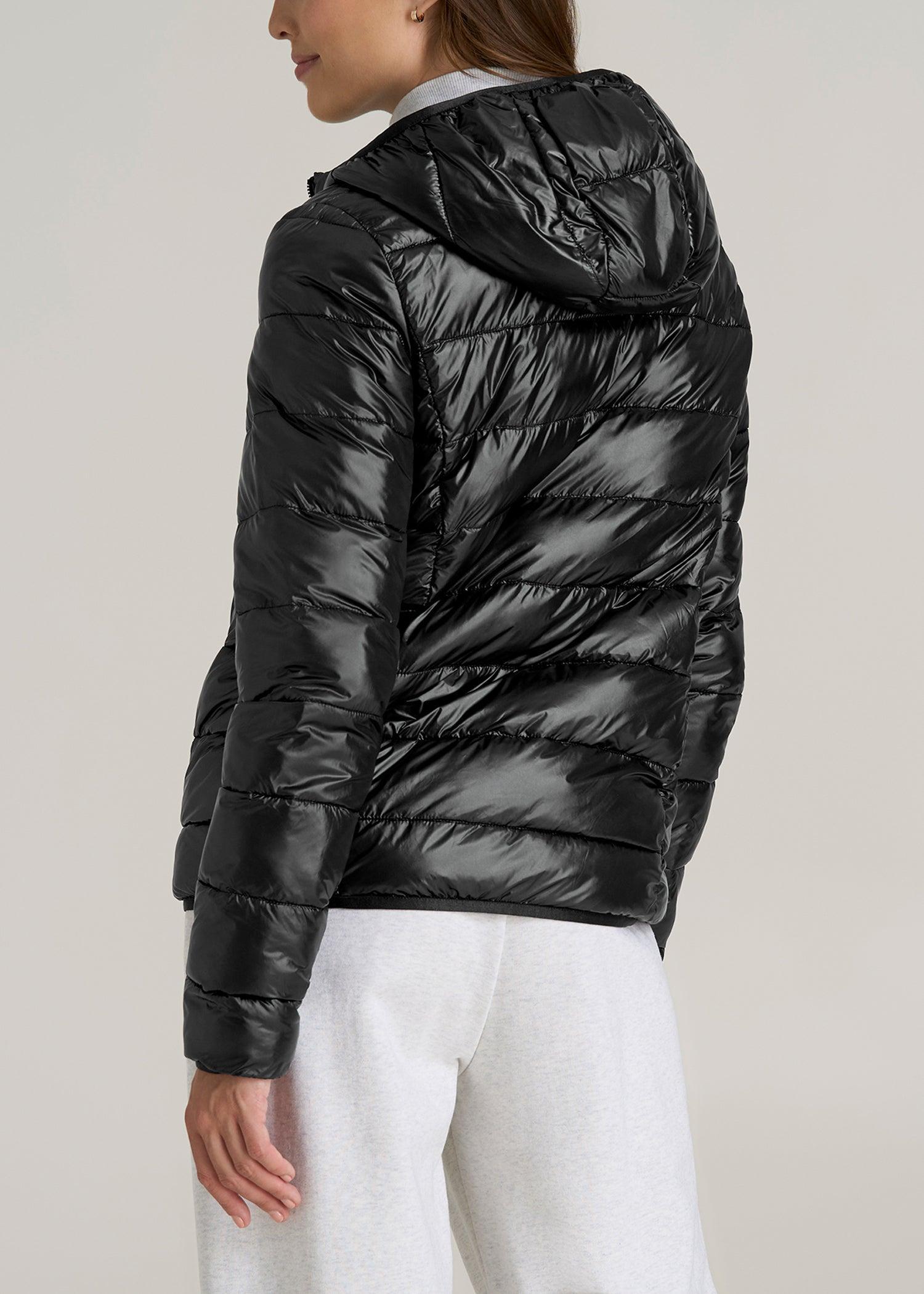Packable Short Puffer Jacket for Tall Women in Glossy Black Female Product Image