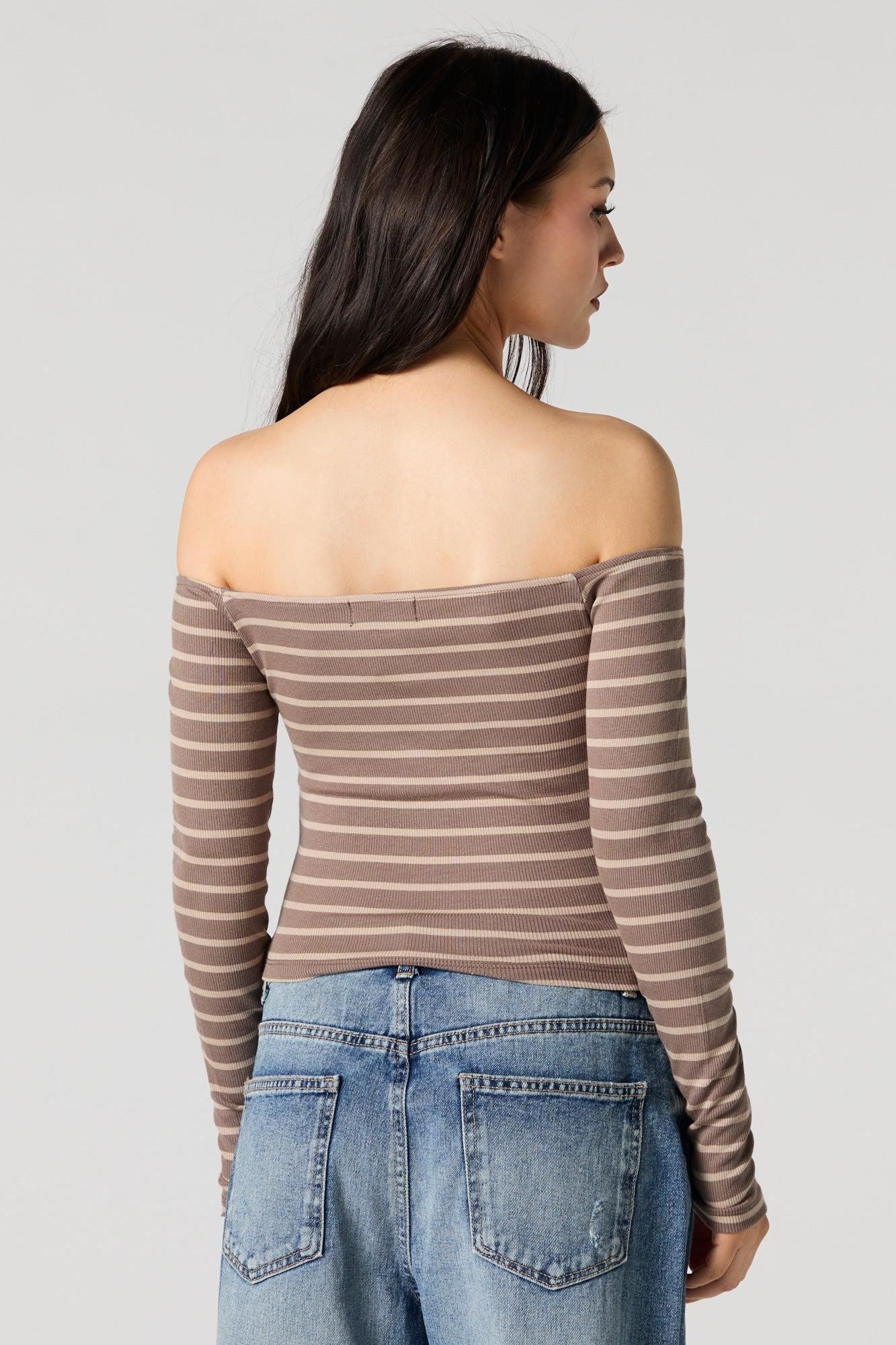 Striped Ribbed Off Shoulder Long Sleeve Top Female Product Image