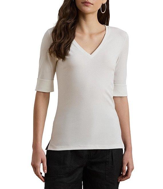 Lauren Ralph Lauren Stretch Cotton V-Neck Elbow Length Sleeve T-Shirt Product Image