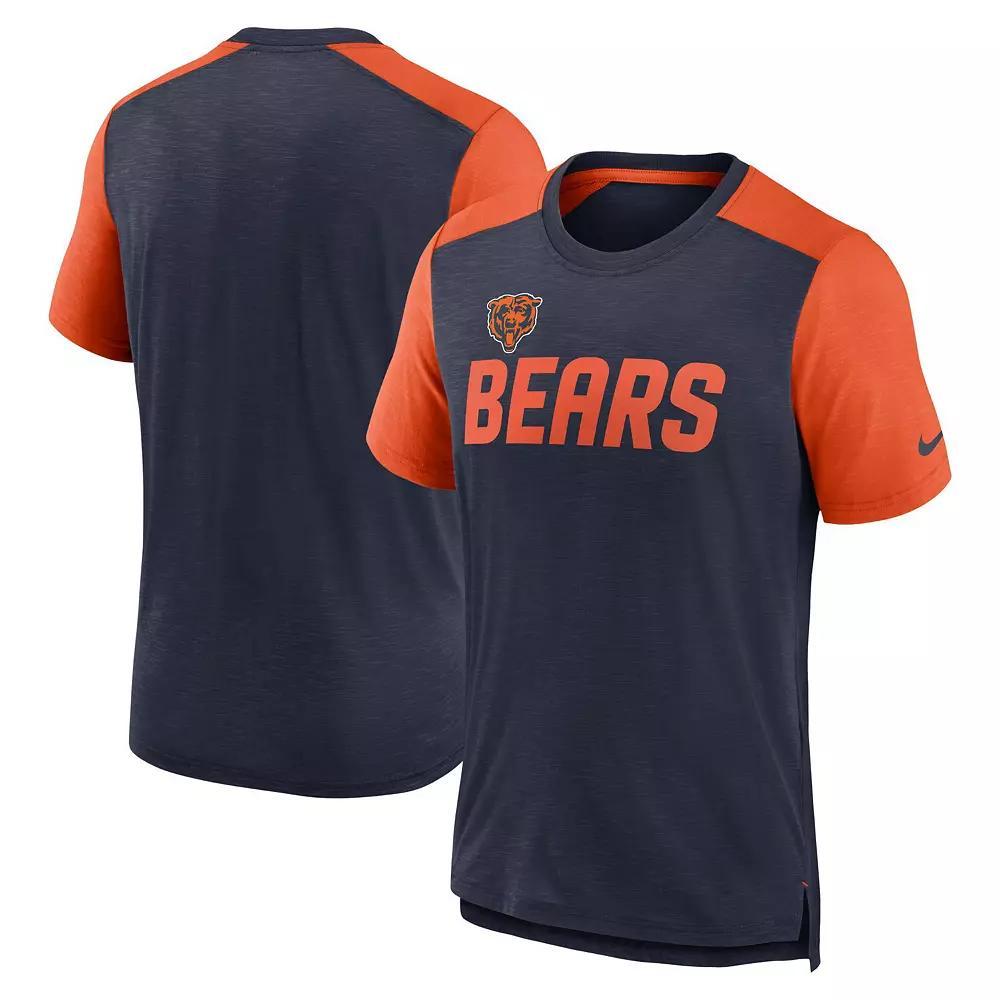 Men's Nike Heathered Navy/Heathered Orange Chicago Bears Color Block Team Name T-Shirt, Size: Medium, Blue Product Image