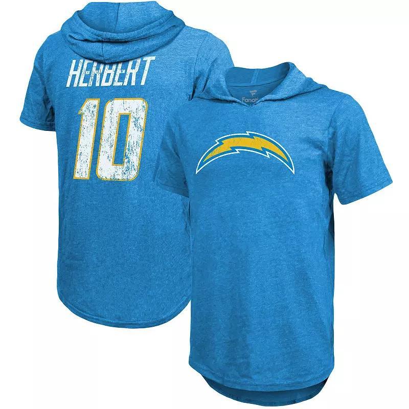 Men's Fanatics Branded Justin Herbert Powder Blue Los Angeles Chargers Player Name & Number Tri-Blend Hoodie T-Shirt, Size: Large, Light Product Image