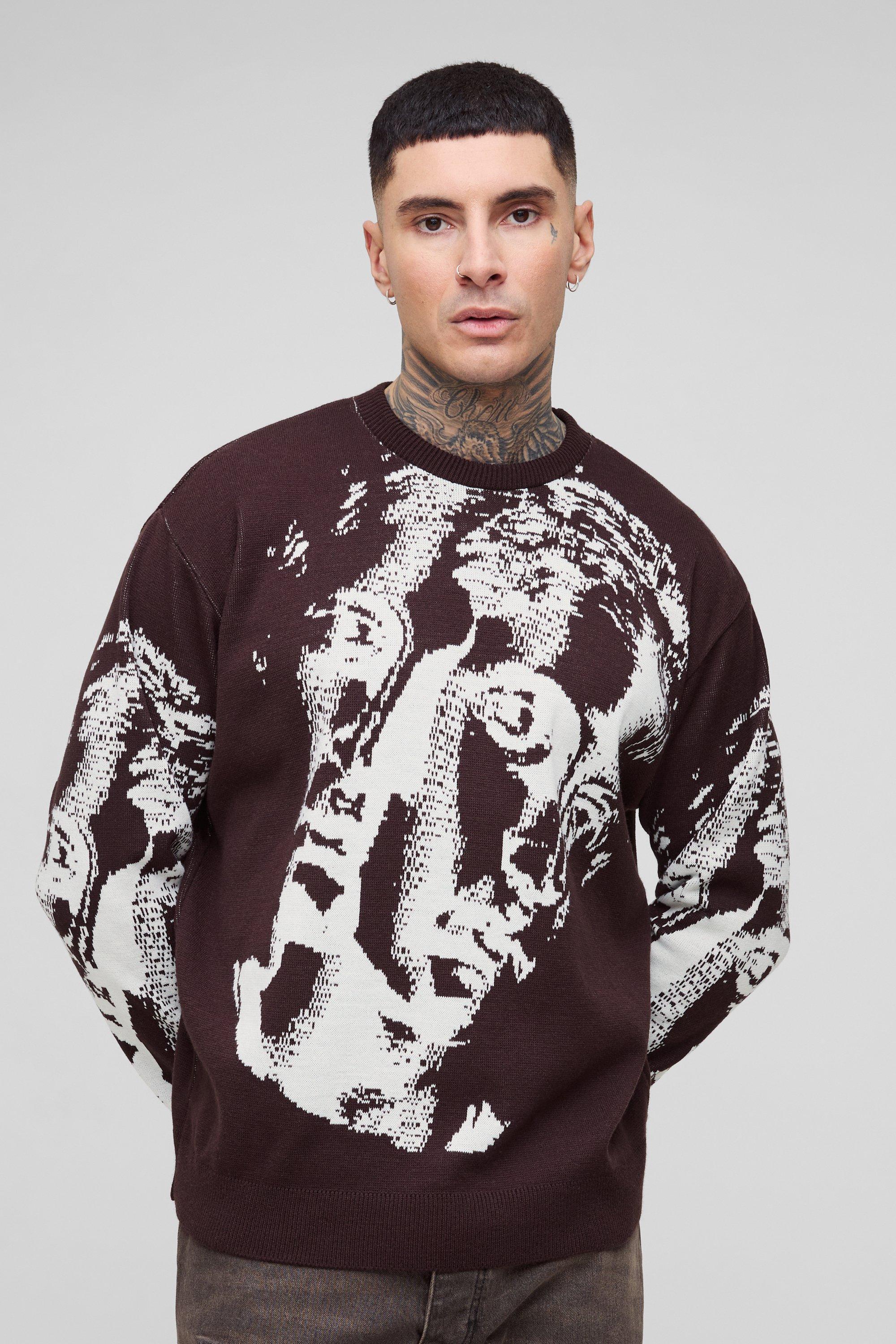 Tall Oversized Renaissance Face Knit Sweater | boohooMAN USA Product Image