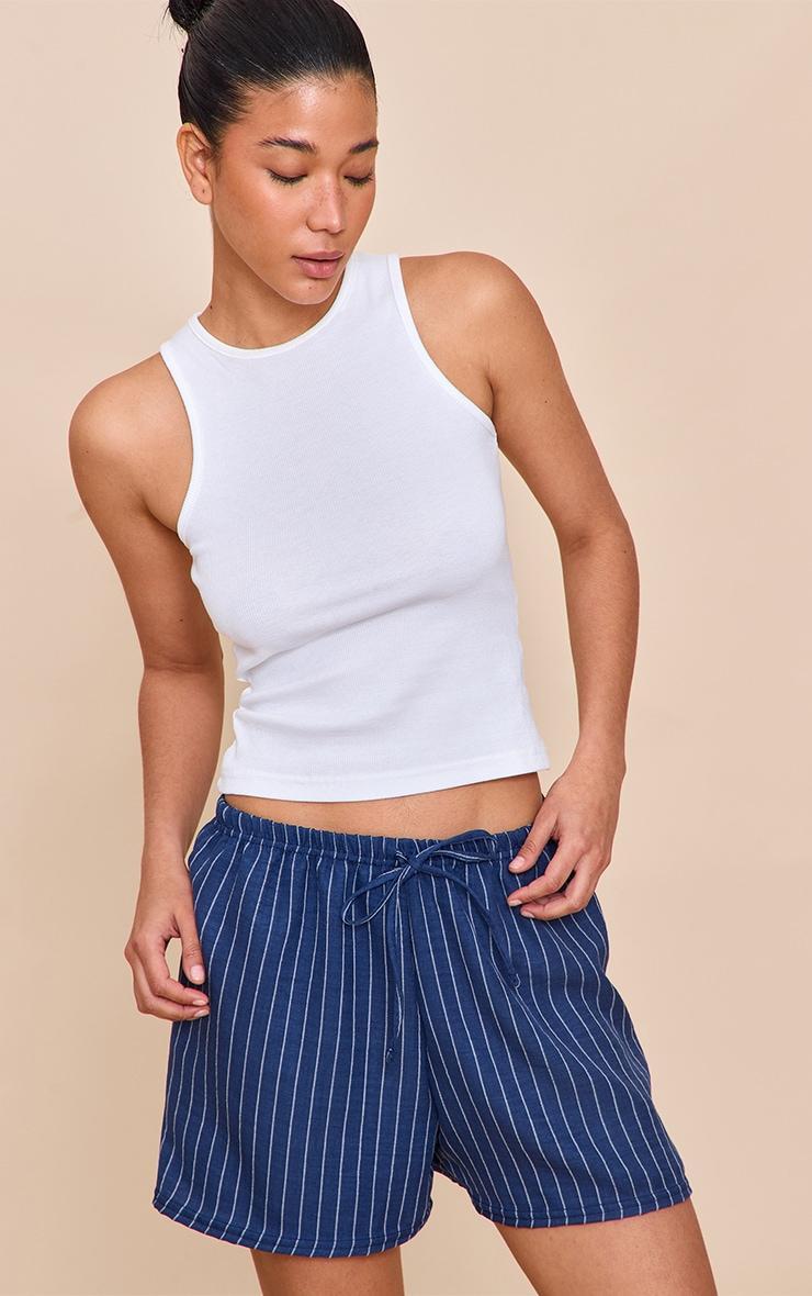 Navy Lightweight Woven Pinstripe Drawstring Shorts Product Image