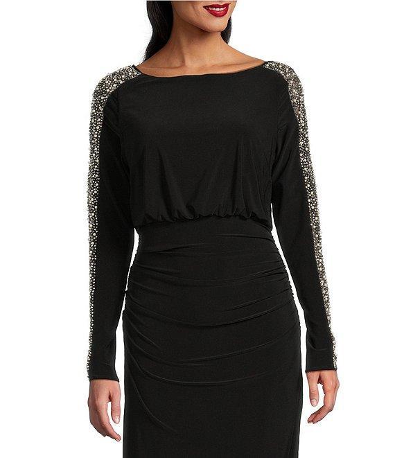 Betsy & Adam Beaded Boat Neck Long Sleeves Shirred Bodice Sheath Dress Product Image