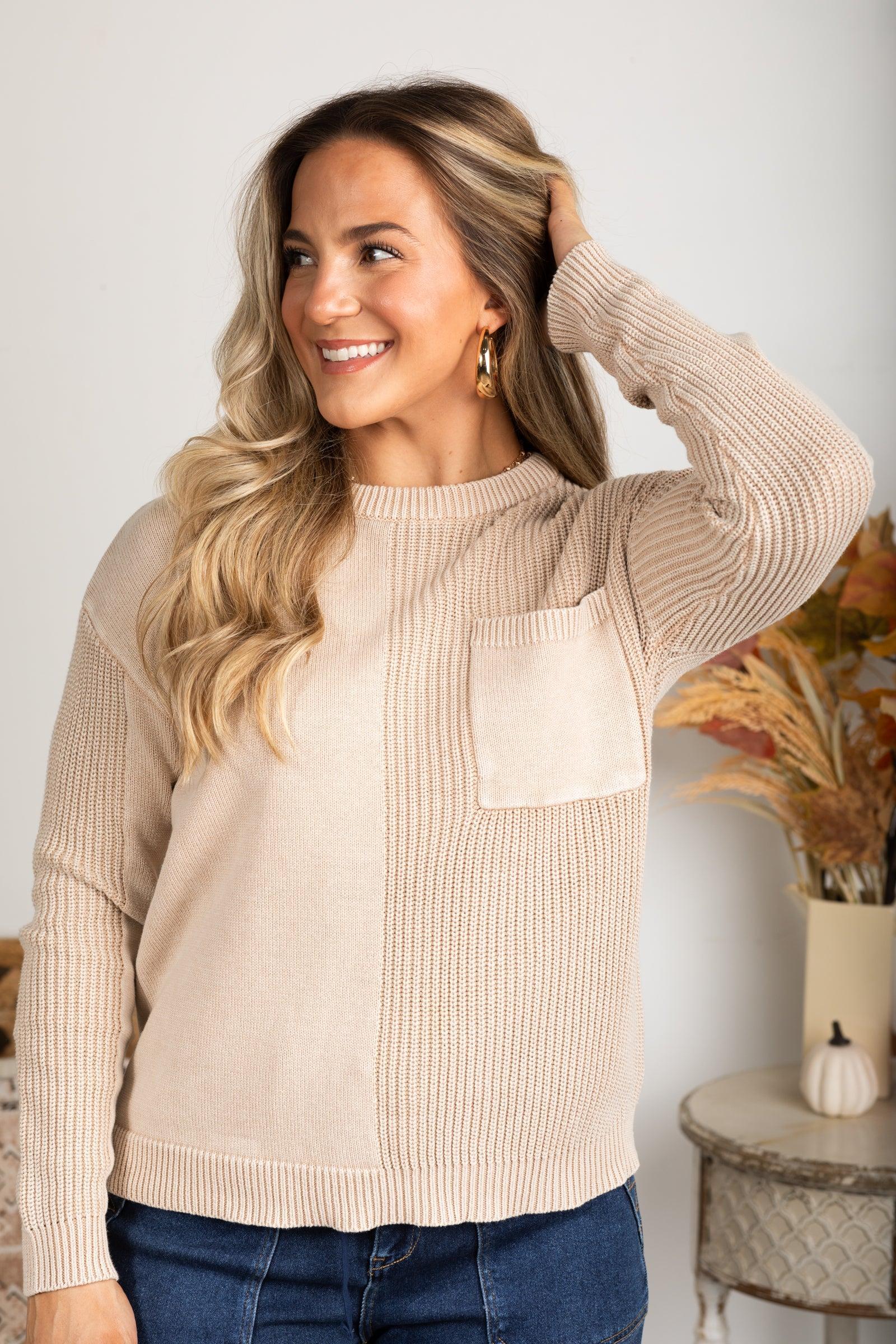 Washed Waffle Knit Sweater With Pocket Product Image