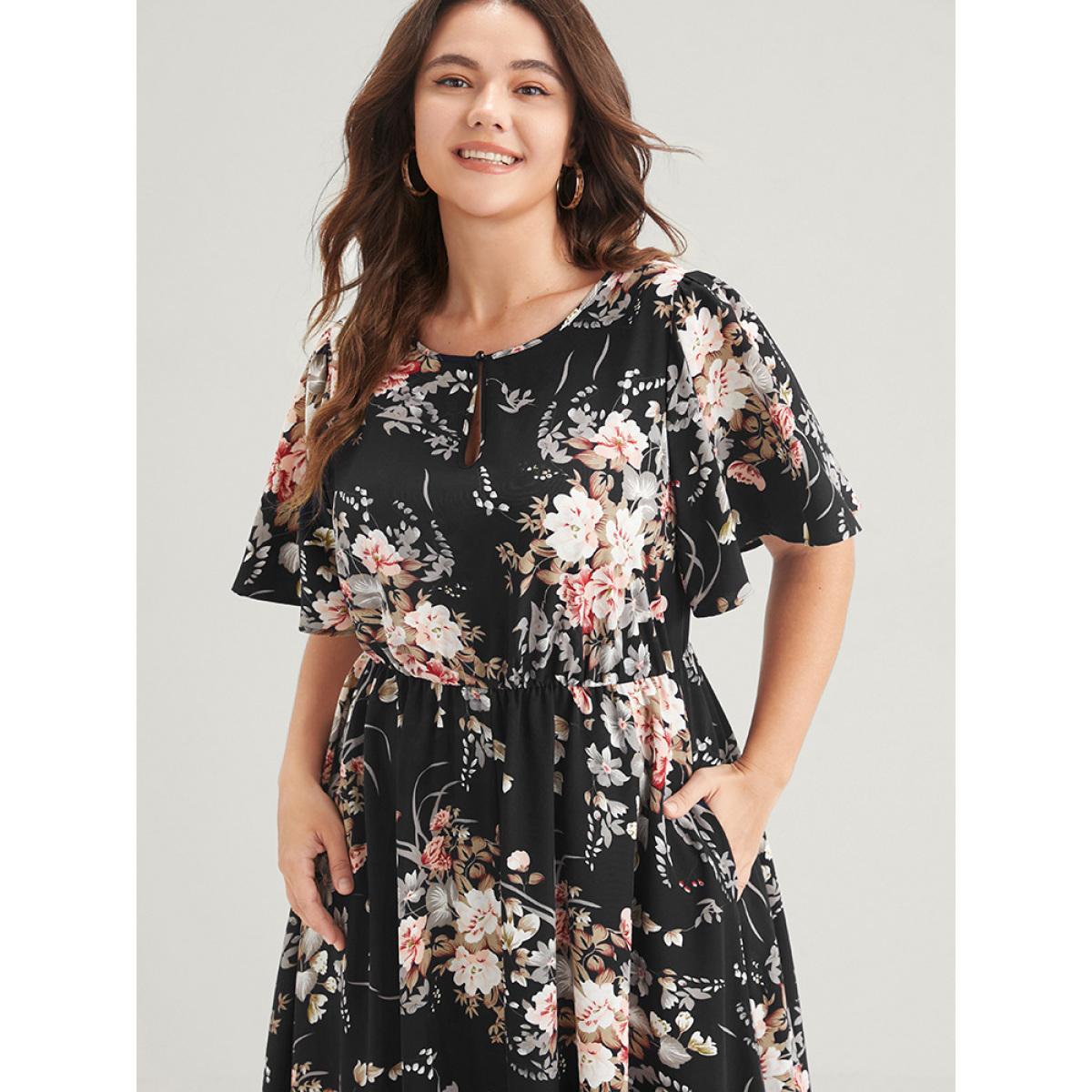 Plus Size Bloom Dress - Floral Keyhole Round Neck Pocket Ruffles Midi Dress Black Women Elegant Printed Round Neck Short sleeve Curvy Midi Dress BloomChic 30/6X Product Image