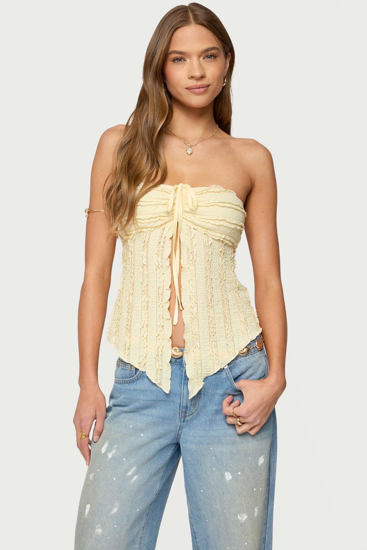Textured Ruffle Split Front Strapless Top Product Image