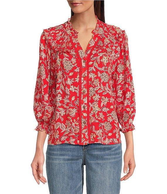 Democracy Woven Floral Split V-Neck 3/4 Blouson Sleeve Lace Inset Ruffle Trim Button-Front Top Product Image