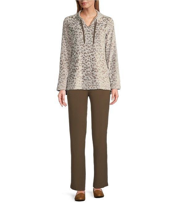 Multiples Plush Embossed Printed Drawstring Split V-Neck Long Sleeve Pullover Top Product Image